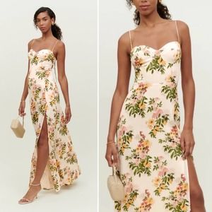 Reformation Melita Dress in Milo Floral Print Maxi Cream Green Sz 0, fits Sz 2